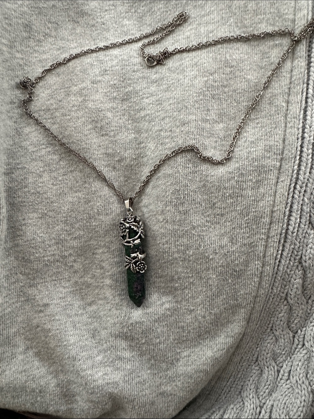 Silver-Tone Green Stone Crystal Pendant Necklace - Women Jewelry